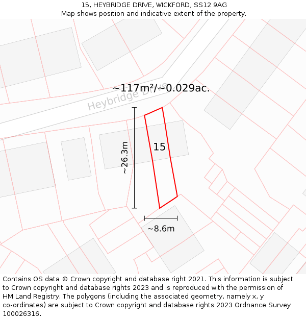 15, HEYBRIDGE DRIVE, WICKFORD, SS12 9AG: Plot and title map