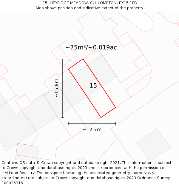 15, HEYRIDGE MEADOW, CULLOMPTON, EX15 1FD: Plot and title map