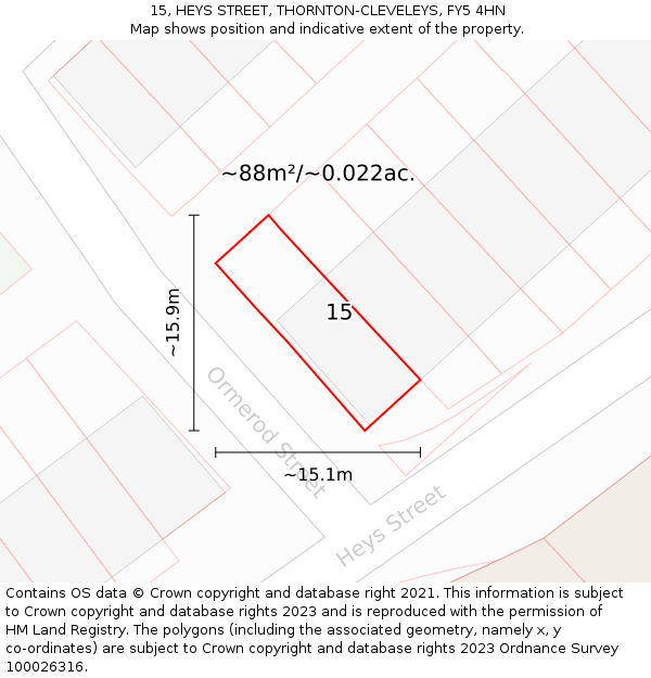 15, HEYS STREET, THORNTON-CLEVELEYS, FY5 4HN: Plot and title map