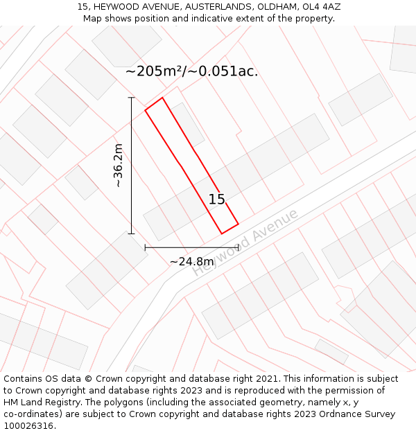 15, HEYWOOD AVENUE, AUSTERLANDS, OLDHAM, OL4 4AZ: Plot and title map