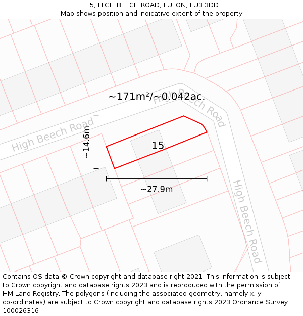 15, HIGH BEECH ROAD, LUTON, LU3 3DD: Plot and title map
