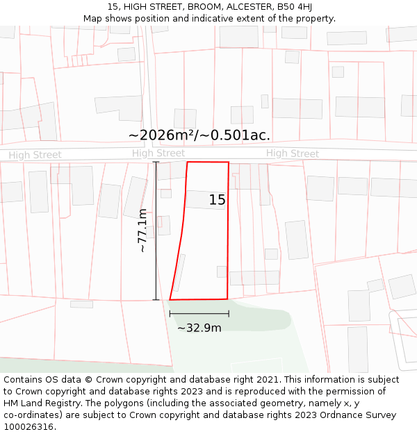 15, HIGH STREET, BROOM, ALCESTER, B50 4HJ: Plot and title map