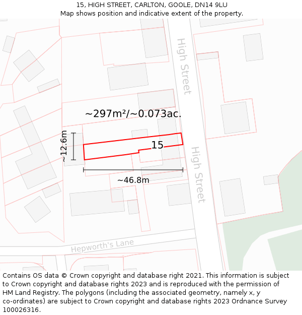 15, HIGH STREET, CARLTON, GOOLE, DN14 9LU: Plot and title map