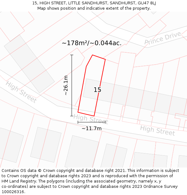 15, HIGH STREET, LITTLE SANDHURST, SANDHURST, GU47 8LJ: Plot and title map