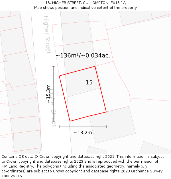 15, HIGHER STREET, CULLOMPTON, EX15 1AJ: Plot and title map
