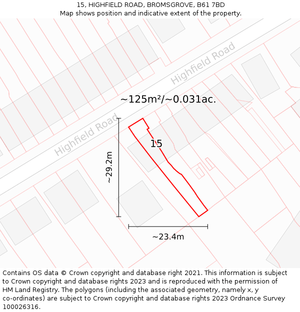 15, HIGHFIELD ROAD, BROMSGROVE, B61 7BD: Plot and title map