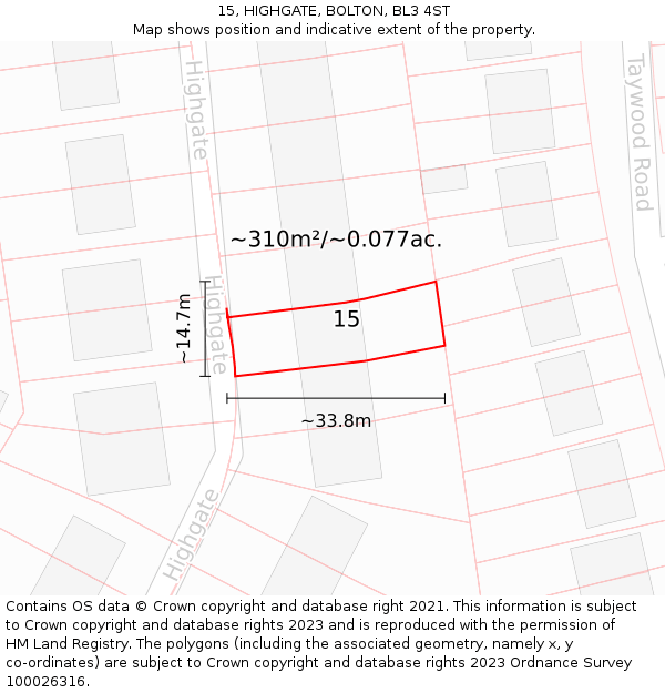 15, HIGHGATE, BOLTON, BL3 4ST: Plot and title map