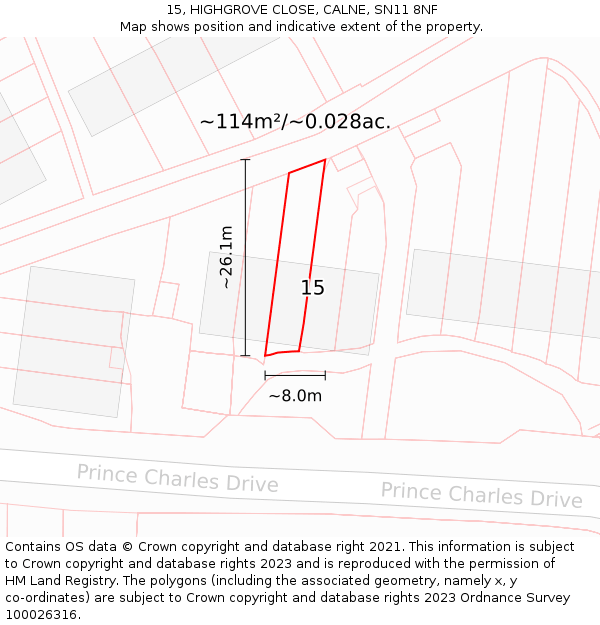 15, HIGHGROVE CLOSE, CALNE, SN11 8NF: Plot and title map