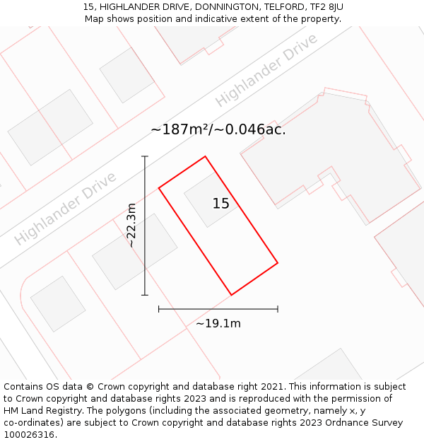 15, HIGHLANDER DRIVE, DONNINGTON, TELFORD, TF2 8JU: Plot and title map