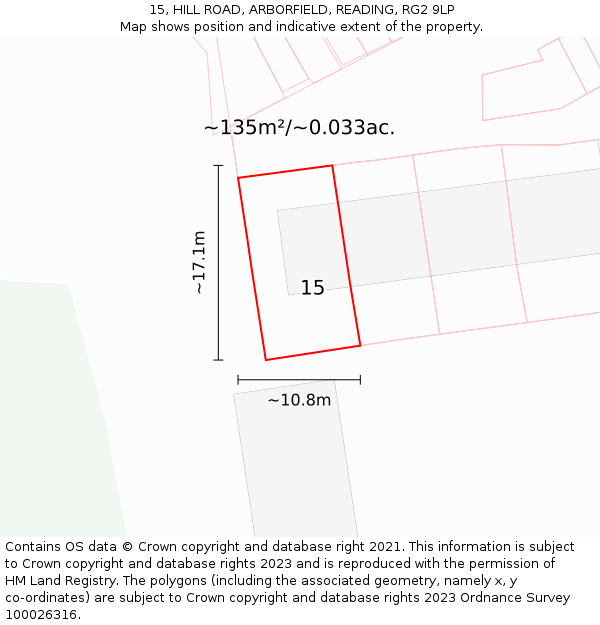 15, HILL ROAD, ARBORFIELD, READING, RG2 9LP: Plot and title map