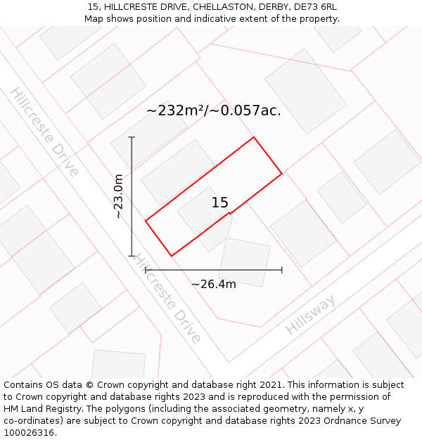 15, HILLCRESTE DRIVE, CHELLASTON, DERBY, DE73 6RL: Plot and title map