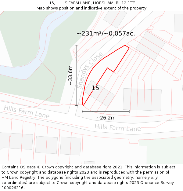 15, HILLS FARM LANE, HORSHAM, RH12 1TZ: Plot and title map