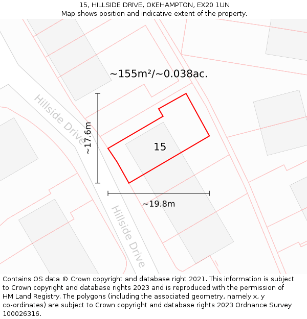 15, HILLSIDE DRIVE, OKEHAMPTON, EX20 1UN: Plot and title map