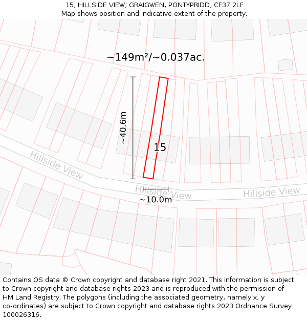 15, HILLSIDE VIEW, GRAIGWEN, PONTYPRIDD, CF37 2LF: Plot and title map
