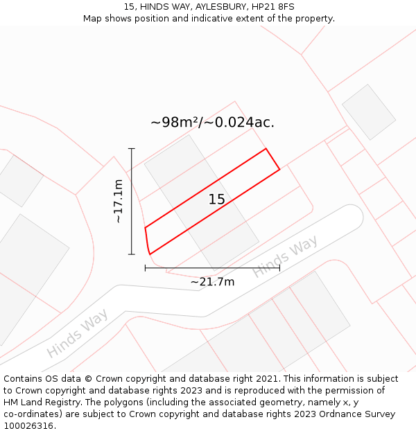 15, HINDS WAY, AYLESBURY, HP21 8FS: Plot and title map