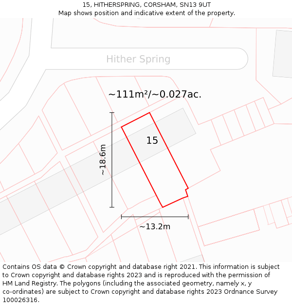 15, HITHERSPRING, CORSHAM, SN13 9UT: Plot and title map