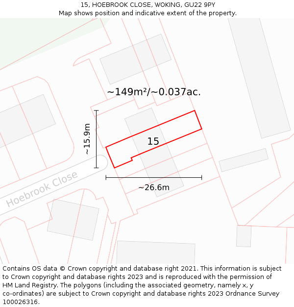 15, HOEBROOK CLOSE, WOKING, GU22 9PY: Plot and title map