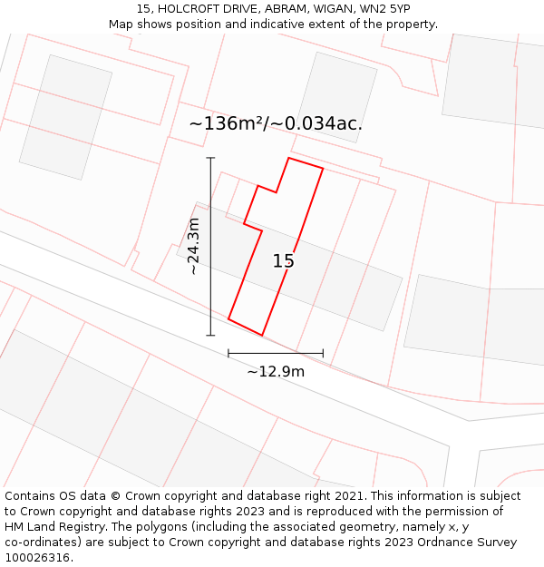 15, HOLCROFT DRIVE, ABRAM, WIGAN, WN2 5YP: Plot and title map