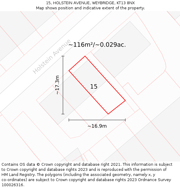 15, HOLSTEIN AVENUE, WEYBRIDGE, KT13 8NX: Plot and title map