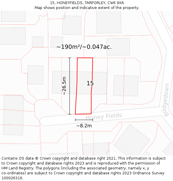 15, HONEYFIELDS, TARPORLEY, CW6 9XA: Plot and title map