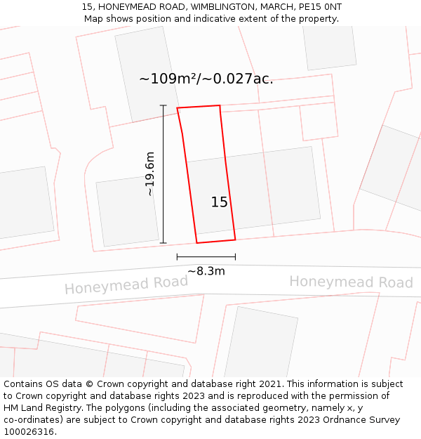 15, HONEYMEAD ROAD, WIMBLINGTON, MARCH, PE15 0NT: Plot and title map