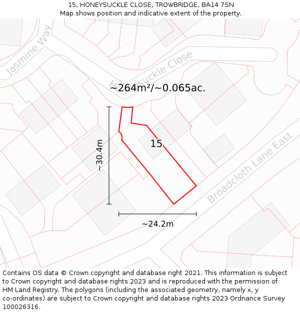 15, HONEYSUCKLE CLOSE, TROWBRIDGE, BA14 7SN: Plot and title map