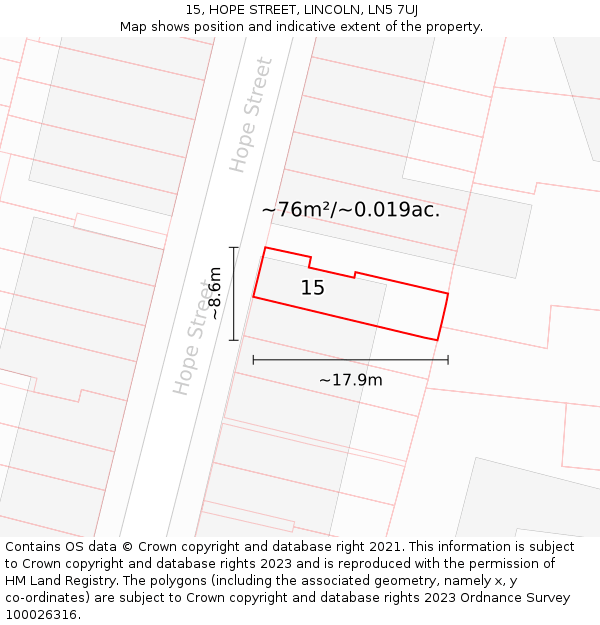 15, HOPE STREET, LINCOLN, LN5 7UJ: Plot and title map