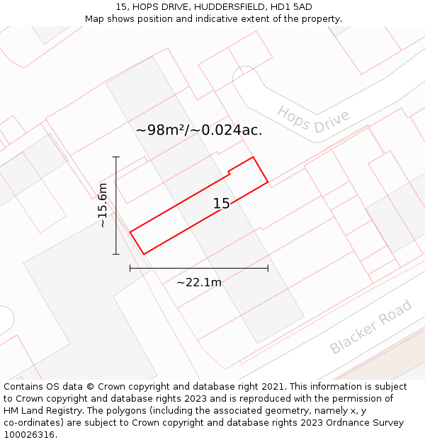 15, HOPS DRIVE, HUDDERSFIELD, HD1 5AD: Plot and title map