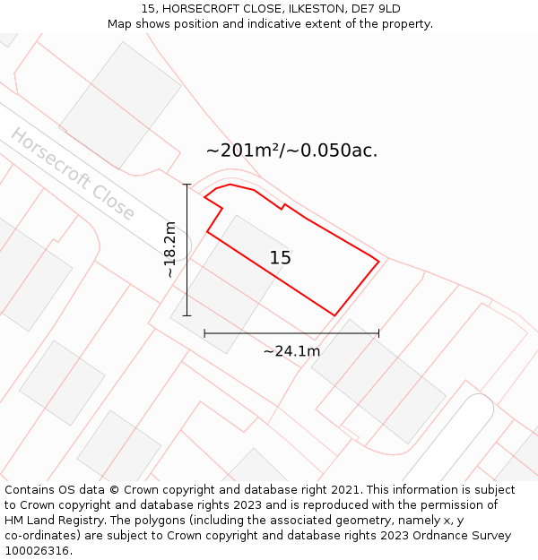 15, HORSECROFT CLOSE, ILKESTON, DE7 9LD: Plot and title map