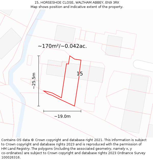 15, HORSESHOE CLOSE, WALTHAM ABBEY, EN9 3RX: Plot and title map