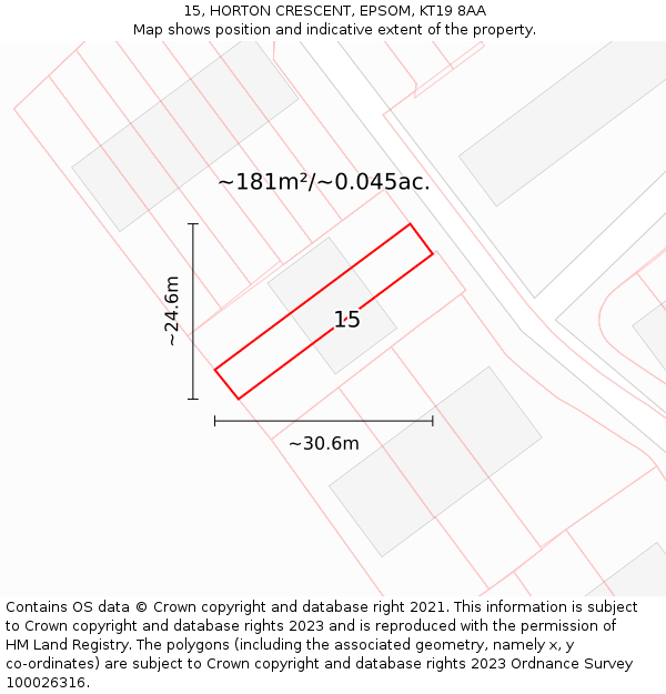 15, HORTON CRESCENT, EPSOM, KT19 8AA: Plot and title map
