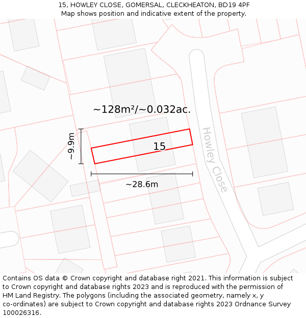 15, HOWLEY CLOSE, GOMERSAL, CLECKHEATON, BD19 4PF: Plot and title map