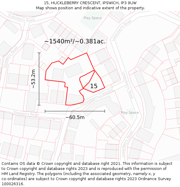 15, HUCKLEBERRY CRESCENT, IPSWICH, IP3 9UW: Plot and title map