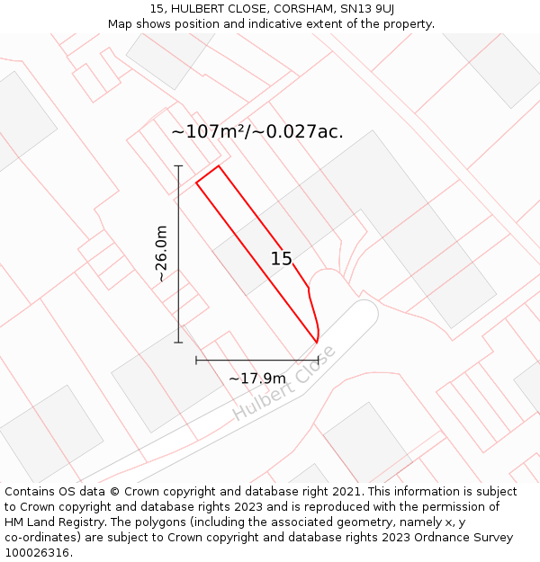 15, HULBERT CLOSE, CORSHAM, SN13 9UJ: Plot and title map