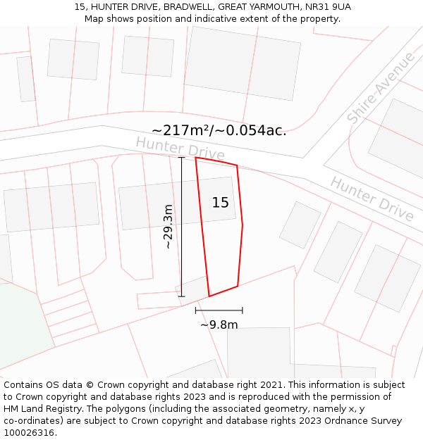 15, HUNTER DRIVE, BRADWELL, GREAT YARMOUTH, NR31 9UA: Plot and title map