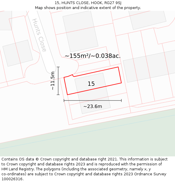 15, HUNTS CLOSE, HOOK, RG27 9SJ: Plot and title map