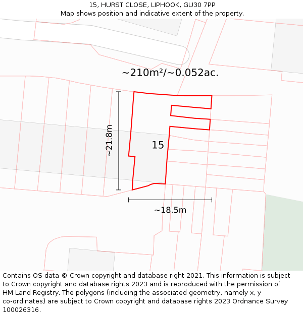 15, HURST CLOSE, LIPHOOK, GU30 7PP: Plot and title map