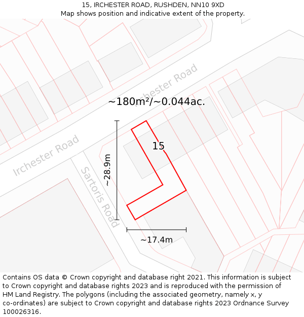 15, IRCHESTER ROAD, RUSHDEN, NN10 9XD: Plot and title map