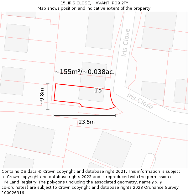 15, IRIS CLOSE, HAVANT, PO9 2FY: Plot and title map