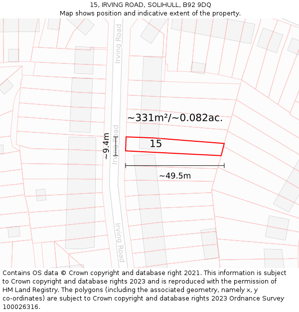 15, IRVING ROAD, SOLIHULL, B92 9DQ: Plot and title map