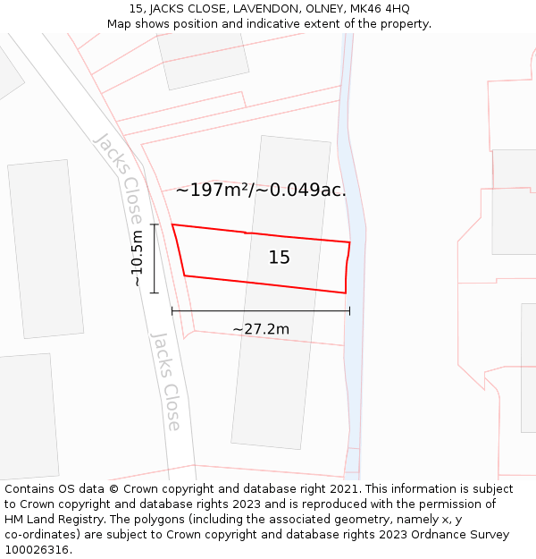 15, JACKS CLOSE, LAVENDON, OLNEY, MK46 4HQ: Plot and title map