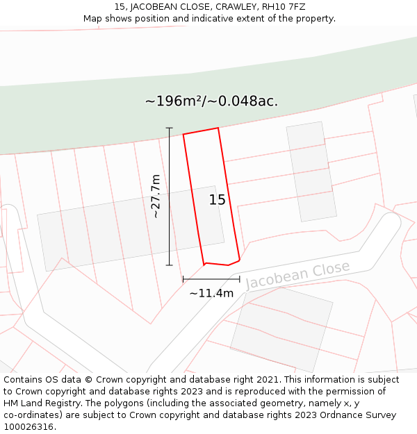 15, JACOBEAN CLOSE, CRAWLEY, RH10 7FZ: Plot and title map
