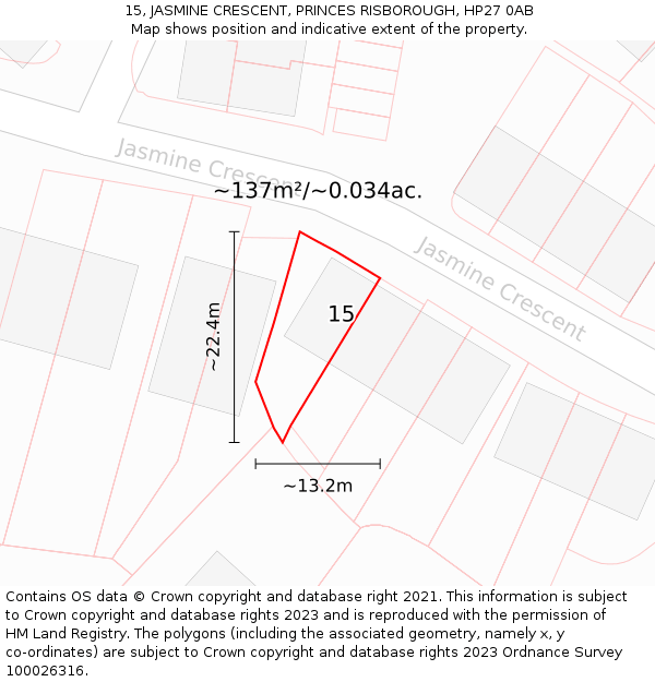15, JASMINE CRESCENT, PRINCES RISBOROUGH, HP27 0AB: Plot and title map