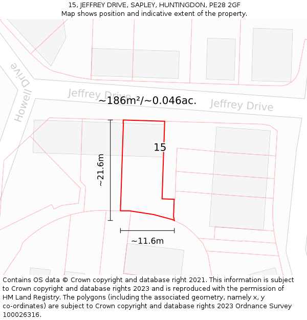 15, JEFFREY DRIVE, SAPLEY, HUNTINGDON, PE28 2GF: Plot and title map