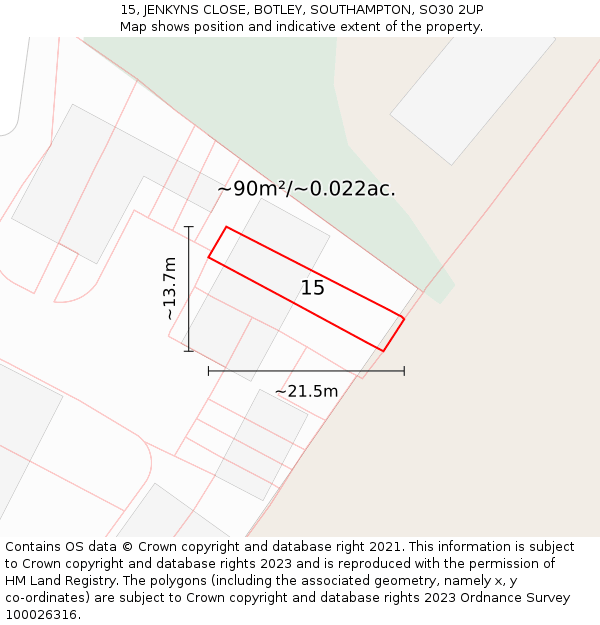 15, JENKYNS CLOSE, BOTLEY, SOUTHAMPTON, SO30 2UP: Plot and title map