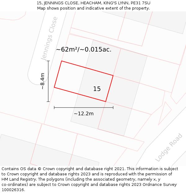 15, JENNINGS CLOSE, HEACHAM, KING'S LYNN, PE31 7SU: Plot and title map