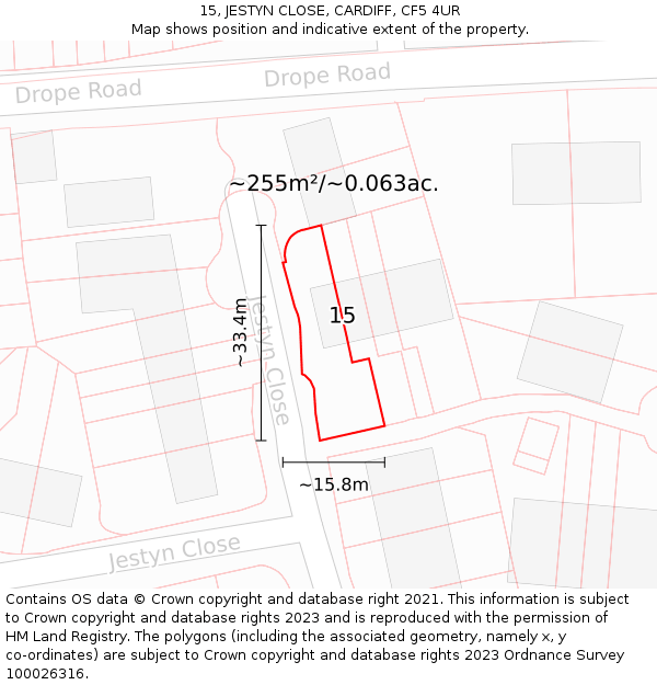 15, JESTYN CLOSE, CARDIFF, CF5 4UR: Plot and title map