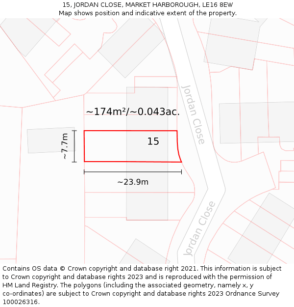 15, JORDAN CLOSE, MARKET HARBOROUGH, LE16 8EW: Plot and title map