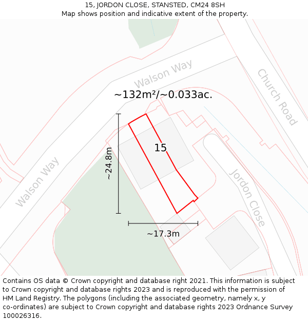 15, JORDON CLOSE, STANSTED, CM24 8SH: Plot and title map