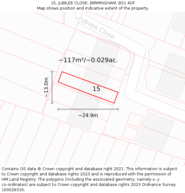 15, JUBILEE CLOSE, BIRMINGHAM, B31 4DF: Plot and title map